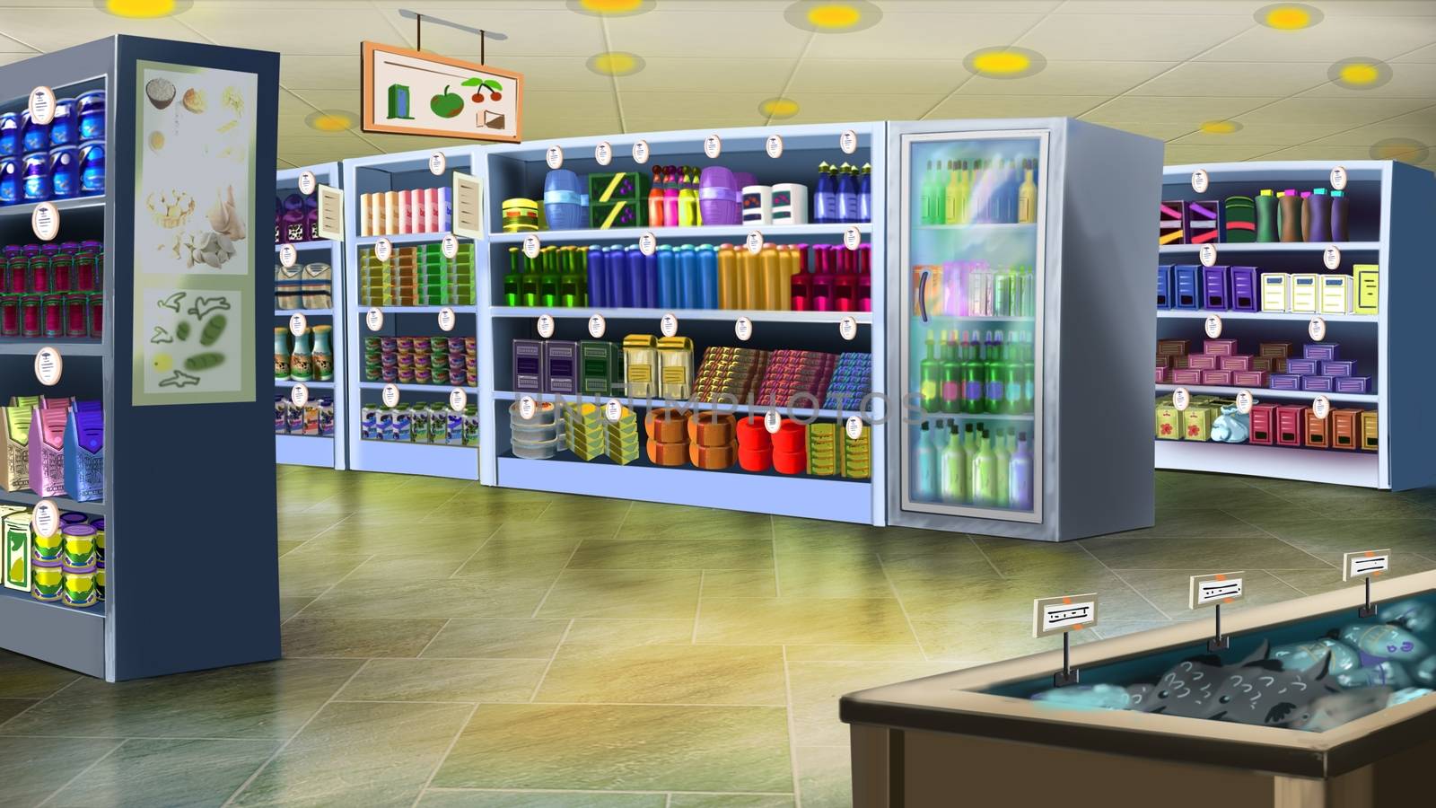 Digital painting of the supermarket interior with shelves full of goods. Image 01.