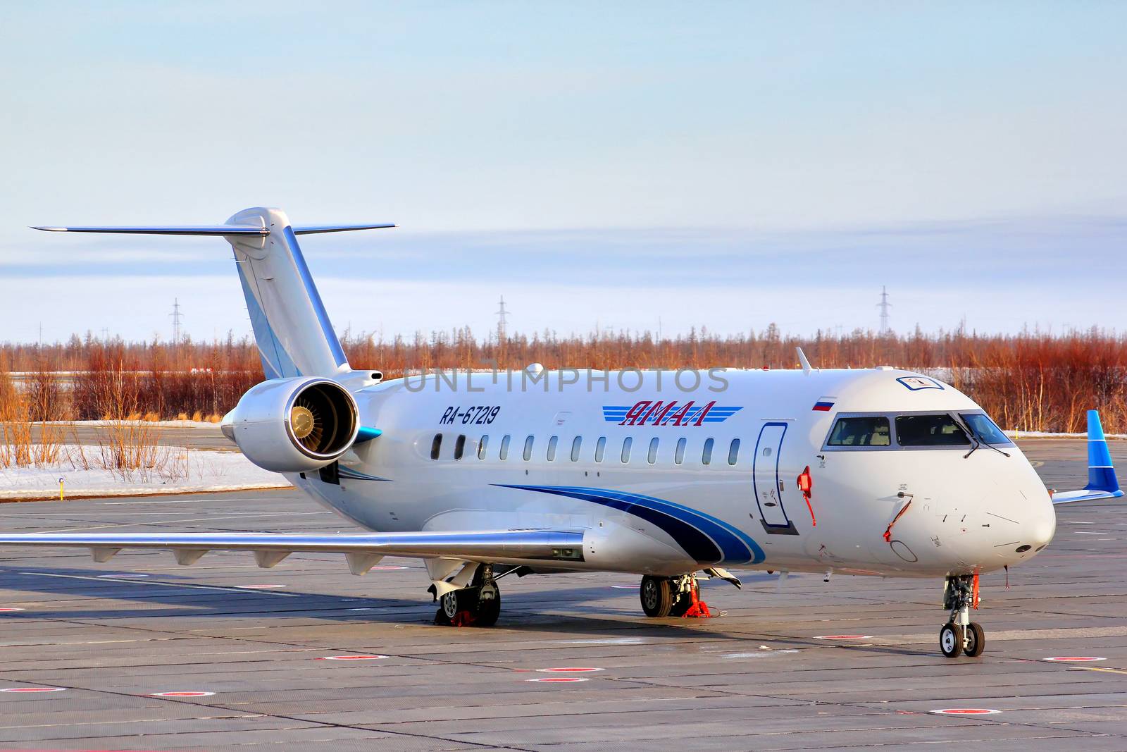 NOVYY URENGOY, RUSSIA - APRIL 27, 2013: Yamal Airlines Canadair Challenger 850 at the Novyy Urengoy International Airport.