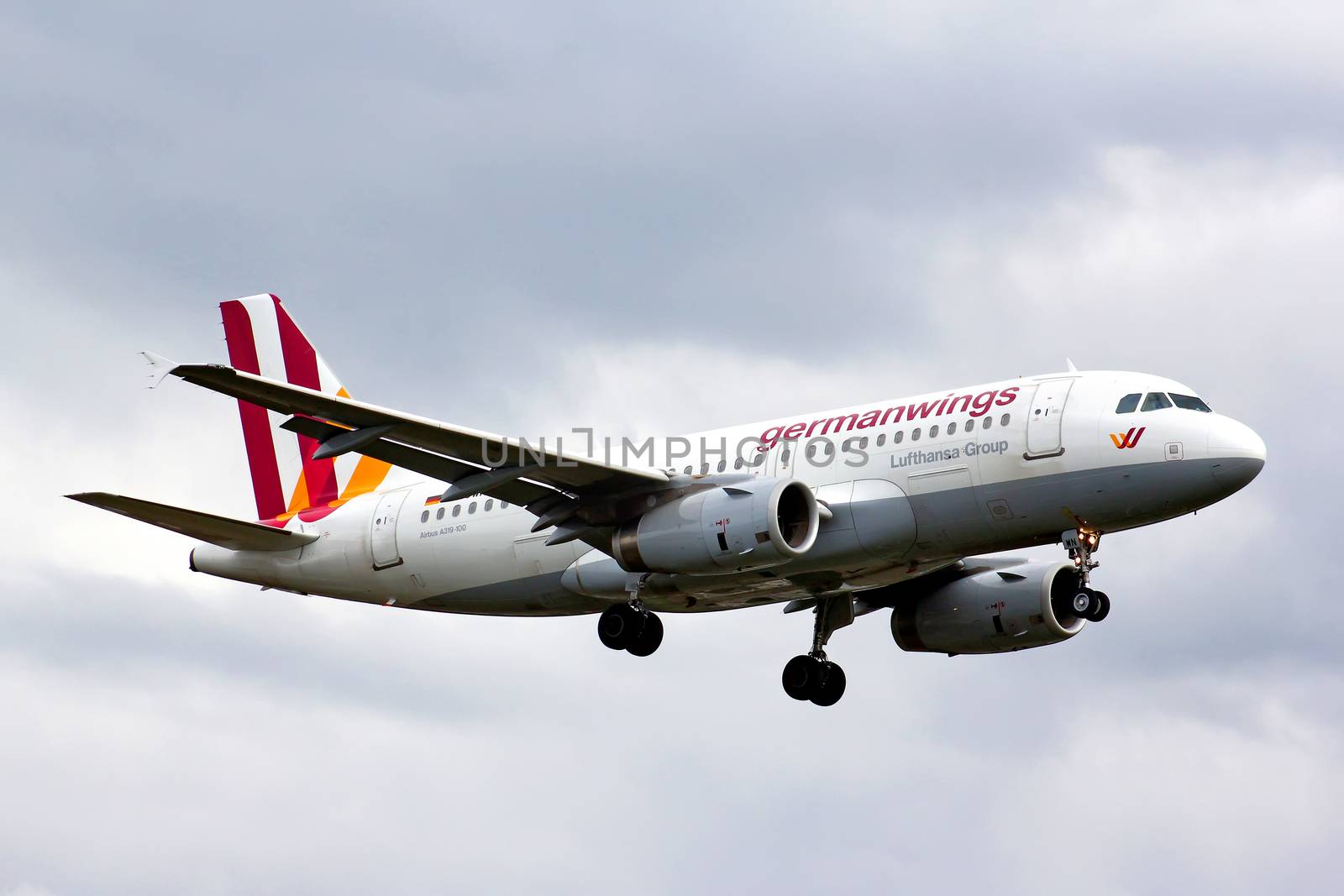 BERLIN, GERMANY - AUGUST 17, 2014: Germanwings Airbus A319 arrives to the Tegel International Airport.