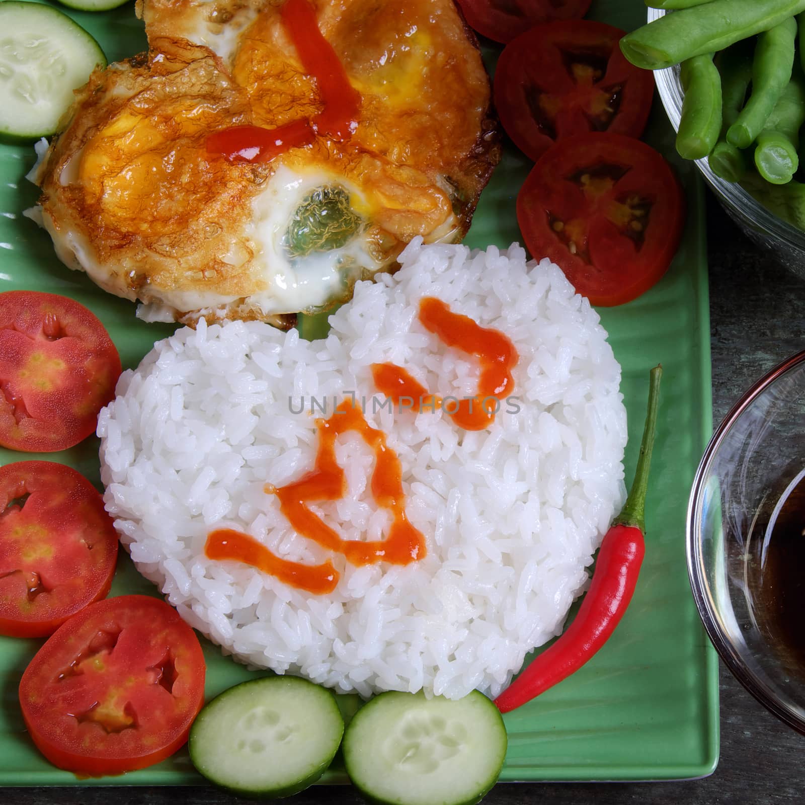 Vietnamese food, cooked rice, omelet, Valentine day by xuanhuongho
