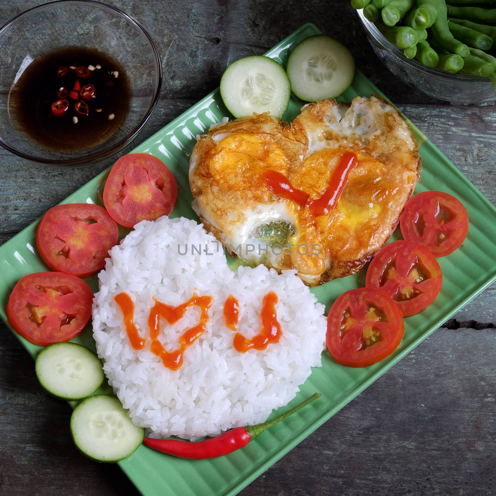 Vietnamese food, cooked rice, omelet, Valentine day by xuanhuongho