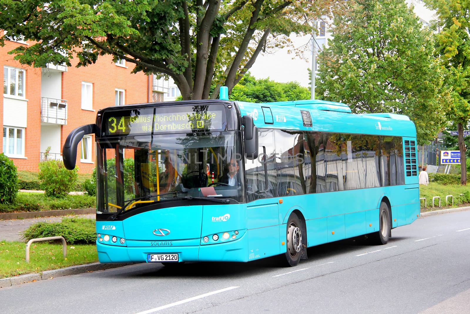 FRANKFURT AM MAIN, GERMANY - SEPTEMBER 15, 2013: Solaris Urbino 12 city bus at the city street.