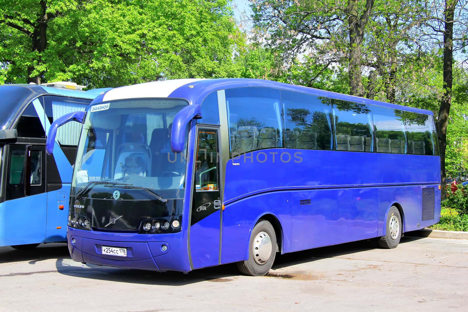 PETERGOF, RUSSIA - MAY 27, 2013: Blue Sunsundegui Sideral interurban coach at the bus station.