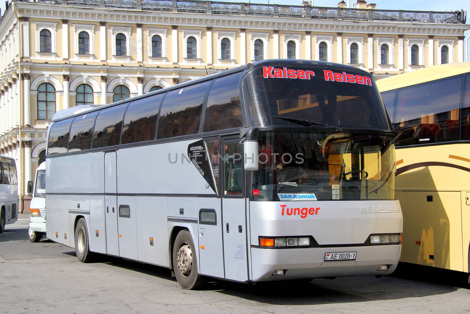 SAINT PETERSBURG, RUSSIA - MAY 25, 2013: Grey Neoplan N116H Cityliner interurban coach at the city street.
