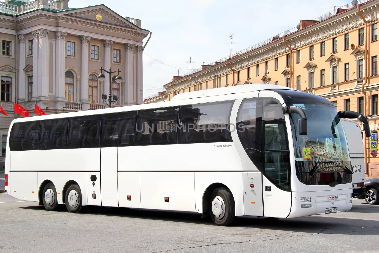 SAINT PETERSBURG, RUSSIA - MAY 25, 2013: White MAN R08 Lion's Top Coach interurban bus at the bus station.