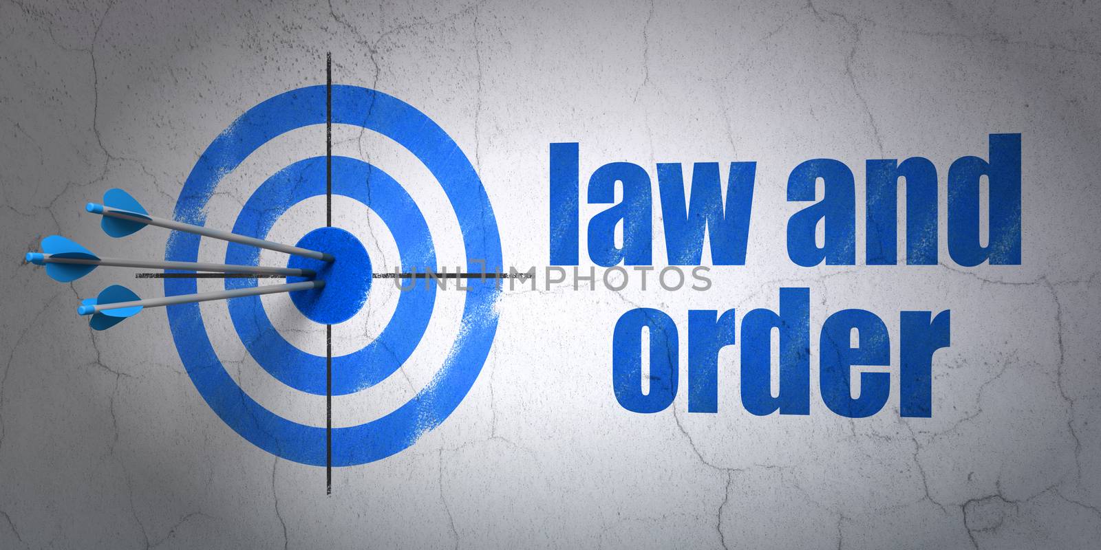 Success law concept: arrows hitting the center of target, Blue Law And Order on wall background