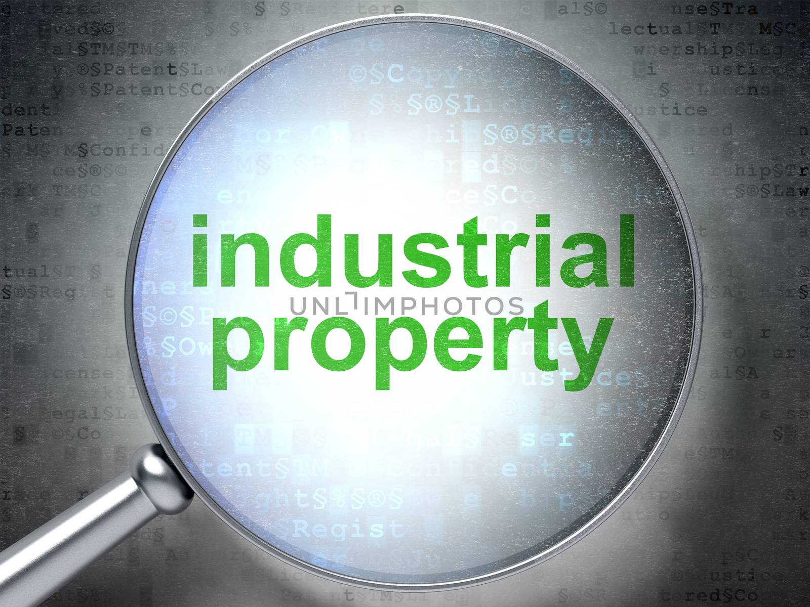 Law concept: magnifying optical glass with words Industrial Property on digital background