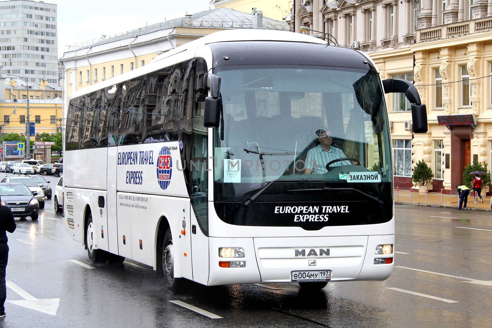 MOSCOW, RUSSIA - JUNE 3, 2012: White MAN R07 Lion's Coach interurban coach at the city street.