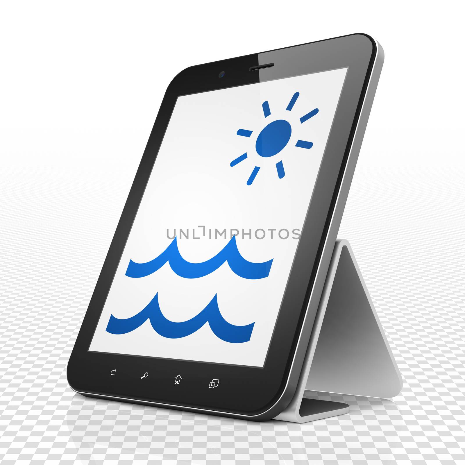 Travel concept: Tablet Computer with blue Beach icon on display