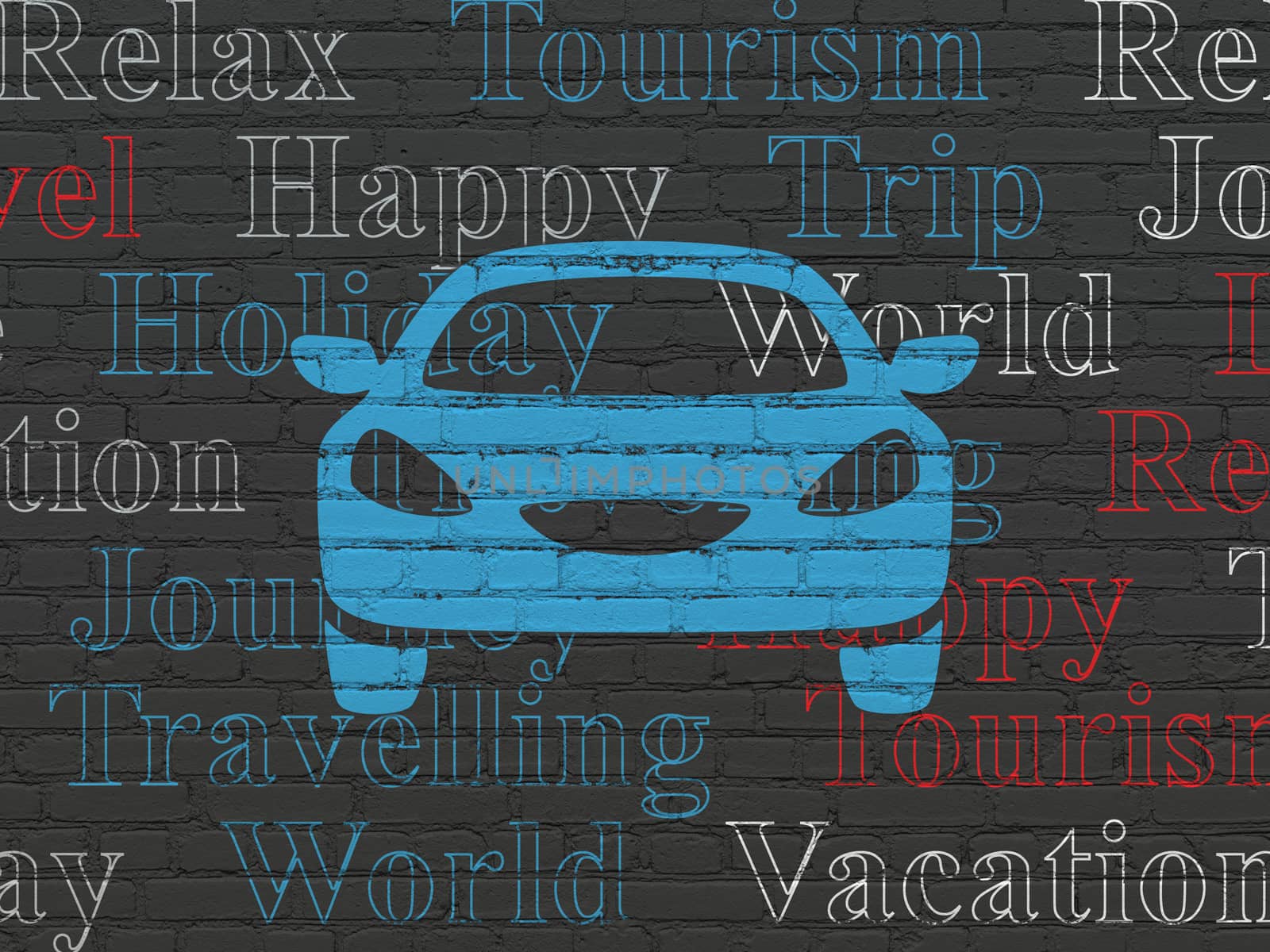 Tourism concept: Painted blue Car icon on Black Brick wall background with  Tag Cloud
