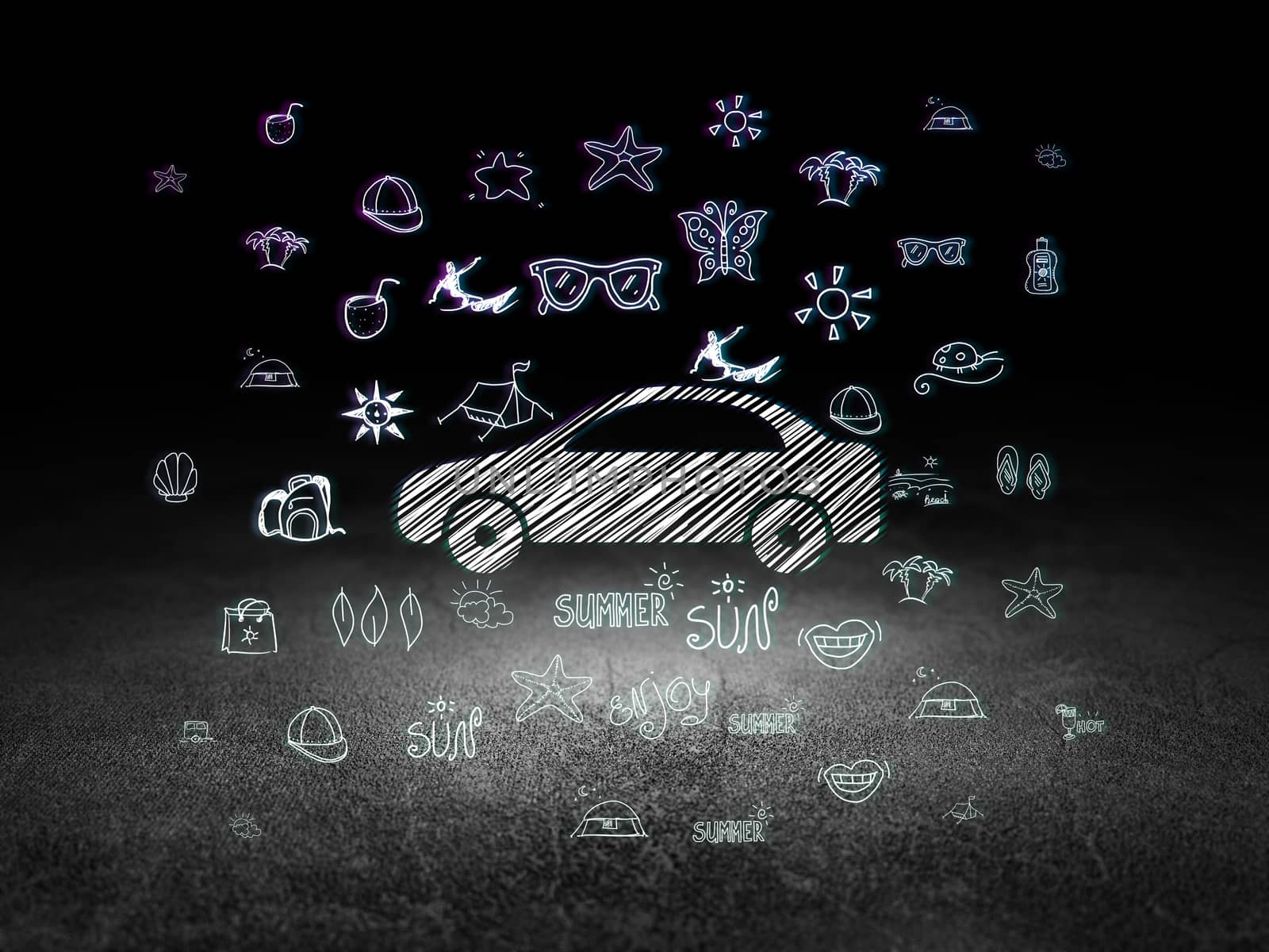 Vacation concept: Glowing Car icon in grunge dark room with Dirty Floor, black background with  Hand Drawn Vacation Icons