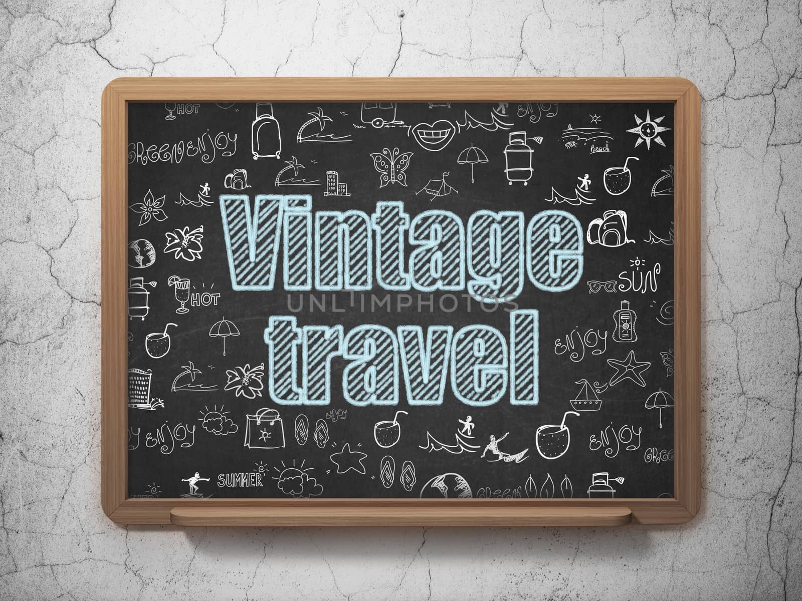 Tourism concept: Chalk Blue text Vintage Travel on School Board background with  Hand Drawn Vacation Icons