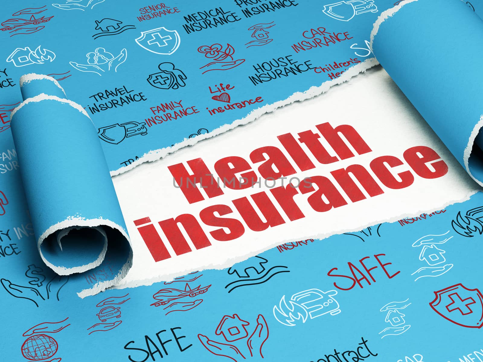 Insurance concept: red text Health Insurance under the curled piece of Blue torn paper with  Hand Drawn Insurance Icons