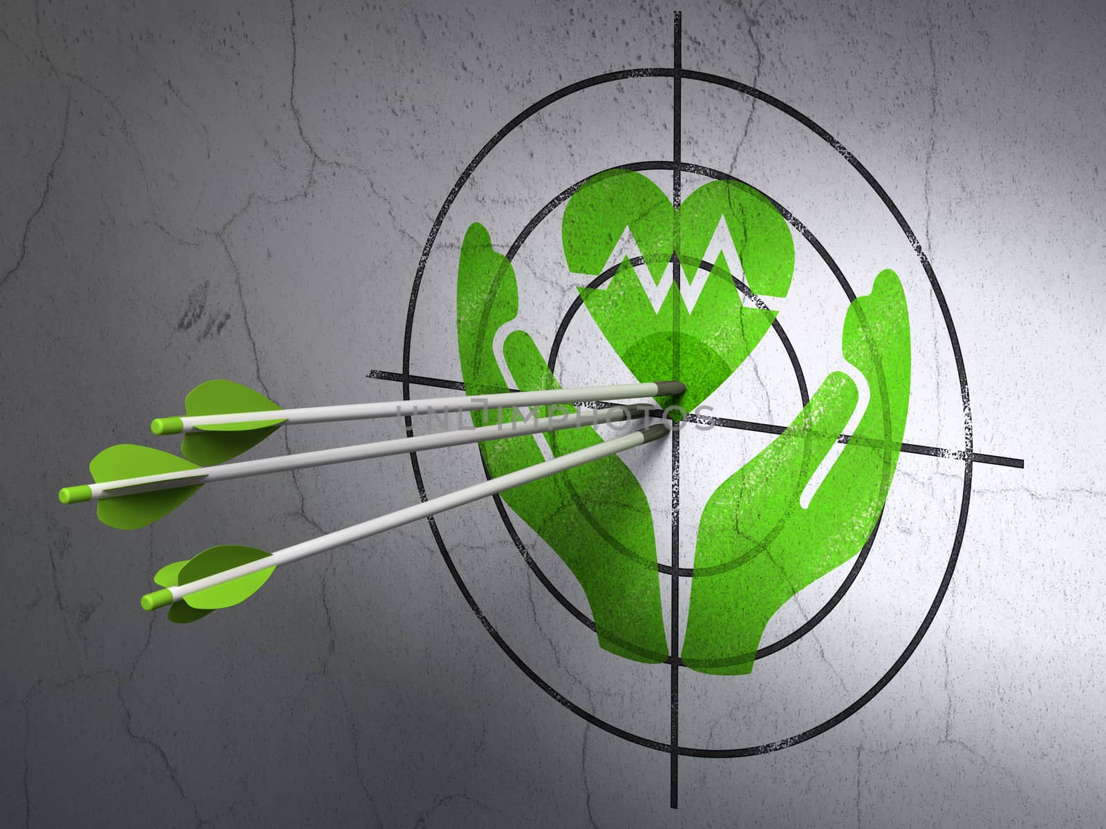 Success Insurance concept: arrows hitting the center of Green Heart And Palm target on wall background