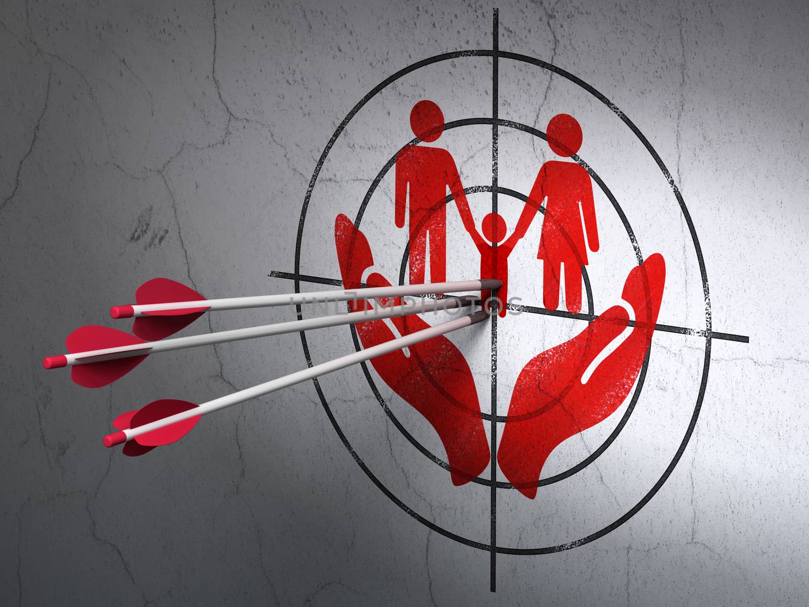 Success Insurance concept: arrows hitting the center of Red Family And Palm target on wall background