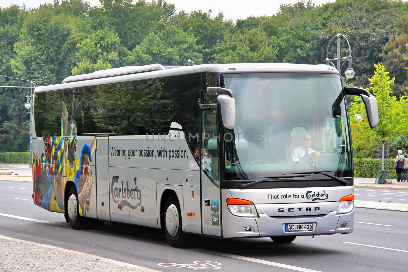BERLIN, GERMANY - SEPTEMBER 12, 2013: Grey Setra S415GT-HD interurban coach at the city street.