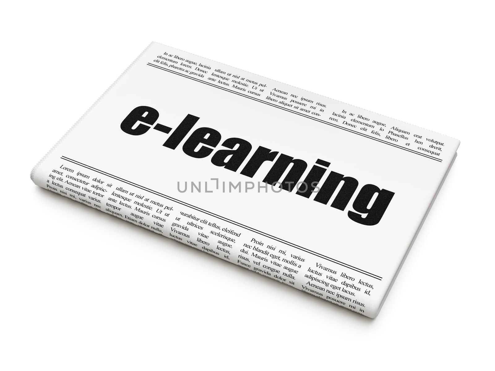 Learning concept: newspaper headline E-learning on White background, 3d render