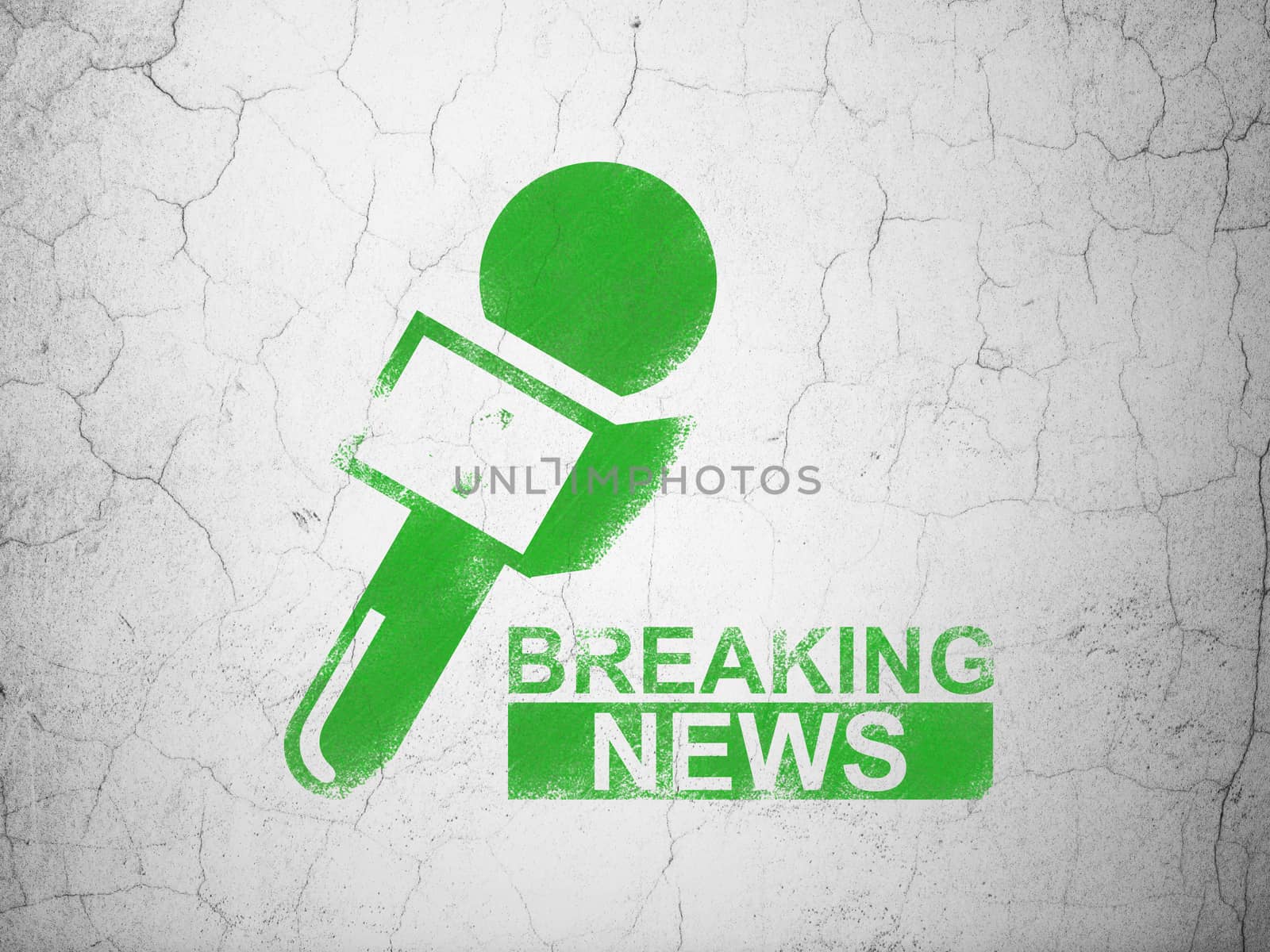 News concept: Green Breaking News And Microphone on textured concrete wall background