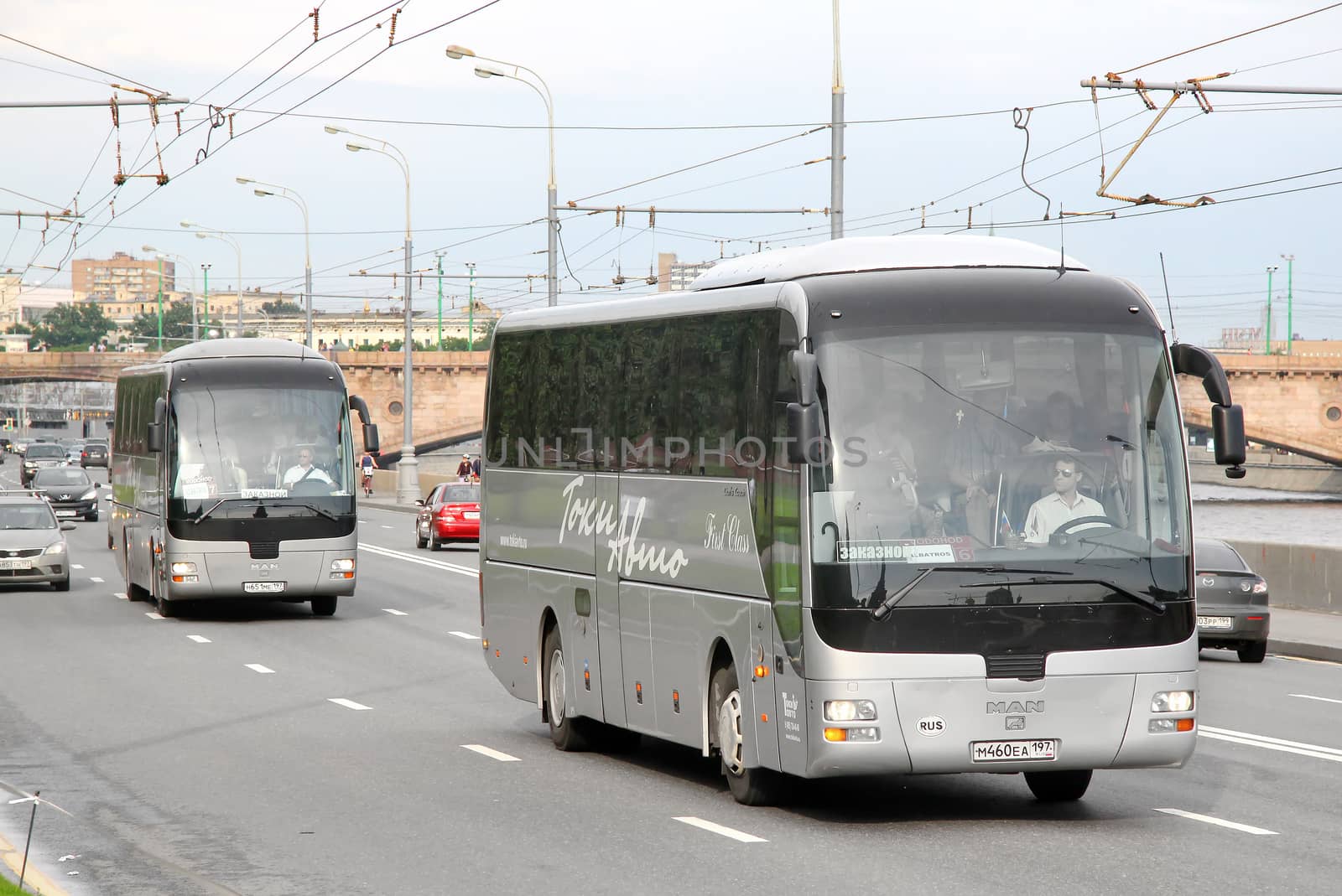 MOSCOW, RUSSIA - JUNE 2, 2013: Grey MAN R07 Lion's Coach interurban coaches at the city street.