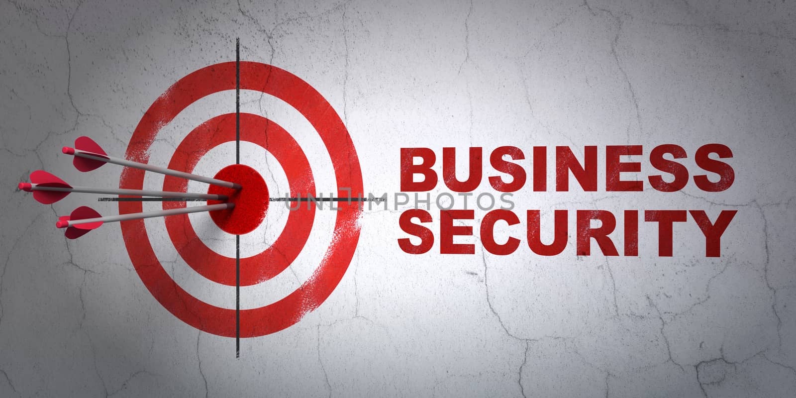 Success protection concept: arrows hitting the center of target, Red Business Security on wall background