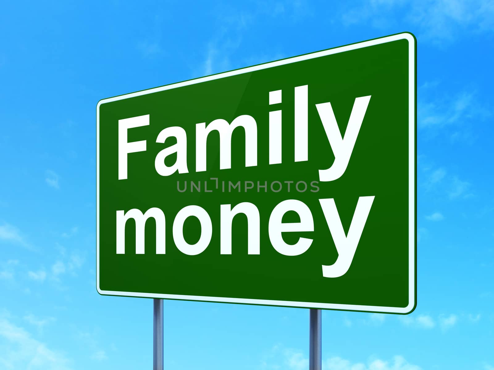Money concept: Family Money on green road highway sign, clear blue sky background, 3d render