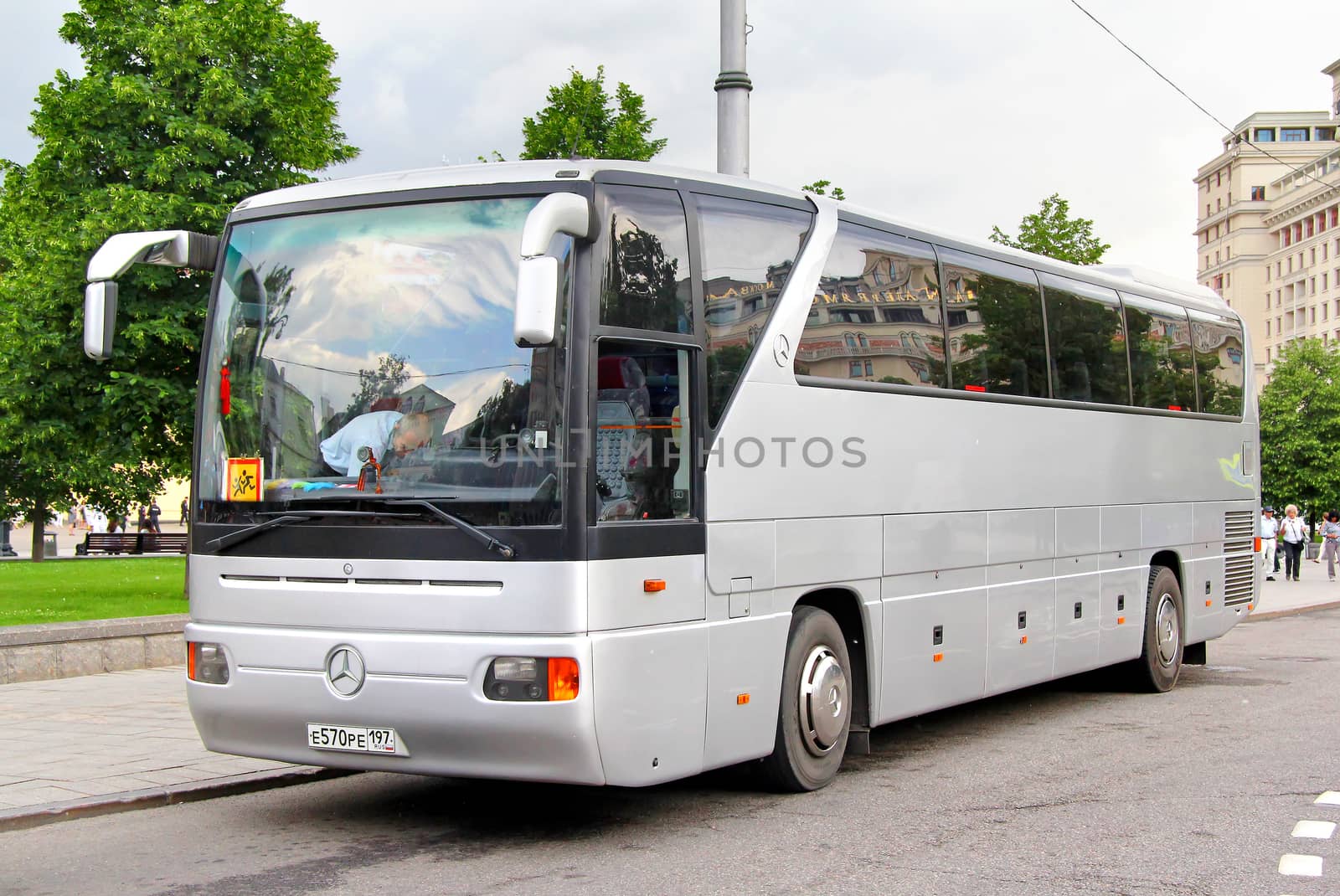 MOSCOW, RUSSIA - JUNE 2, 2013: Grey Mercedes-Benz Turk O403RHD Tourismo interurban coach at the city street.