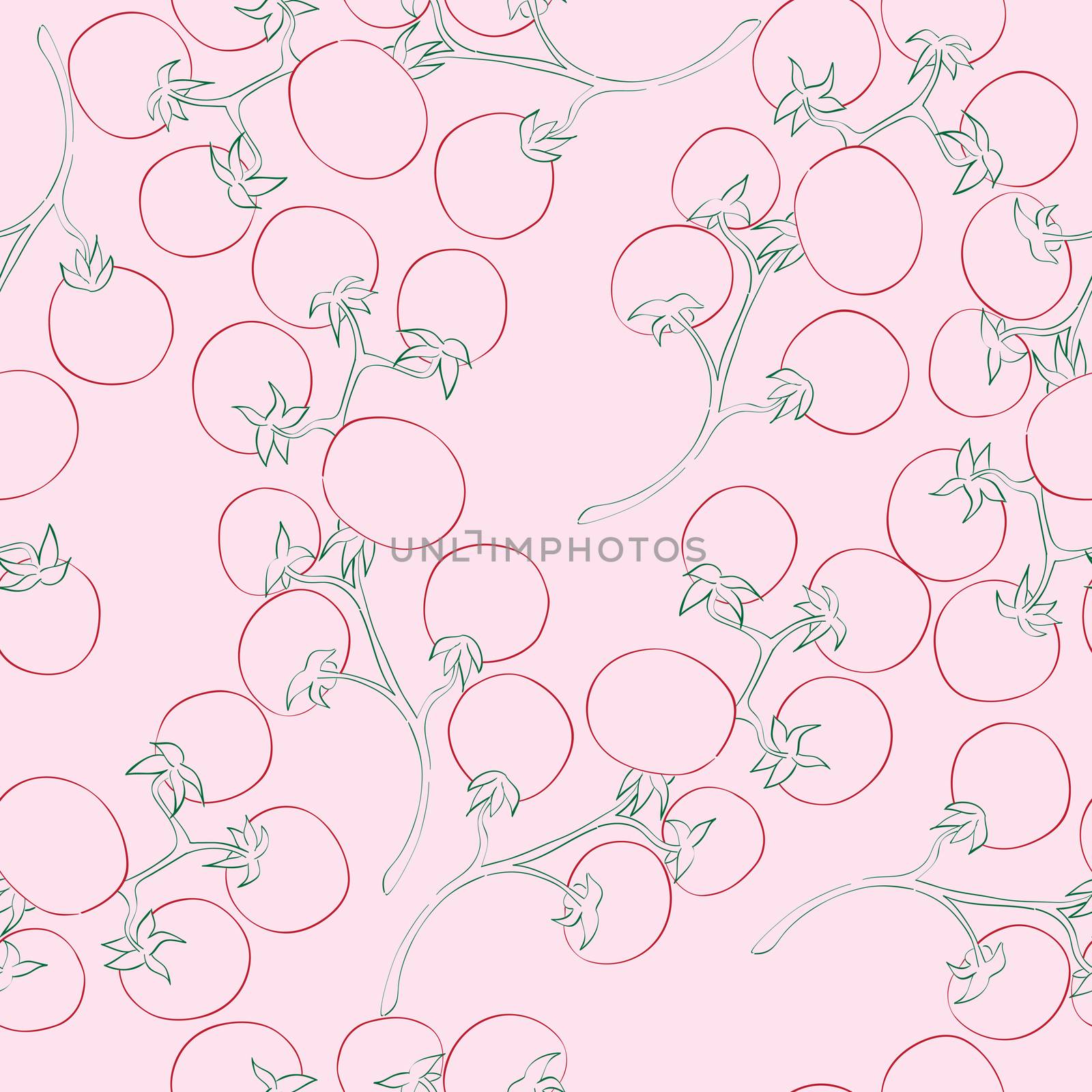 Seamless pattern with doodle illustrations of cherry-tomatoes ovev a pink background