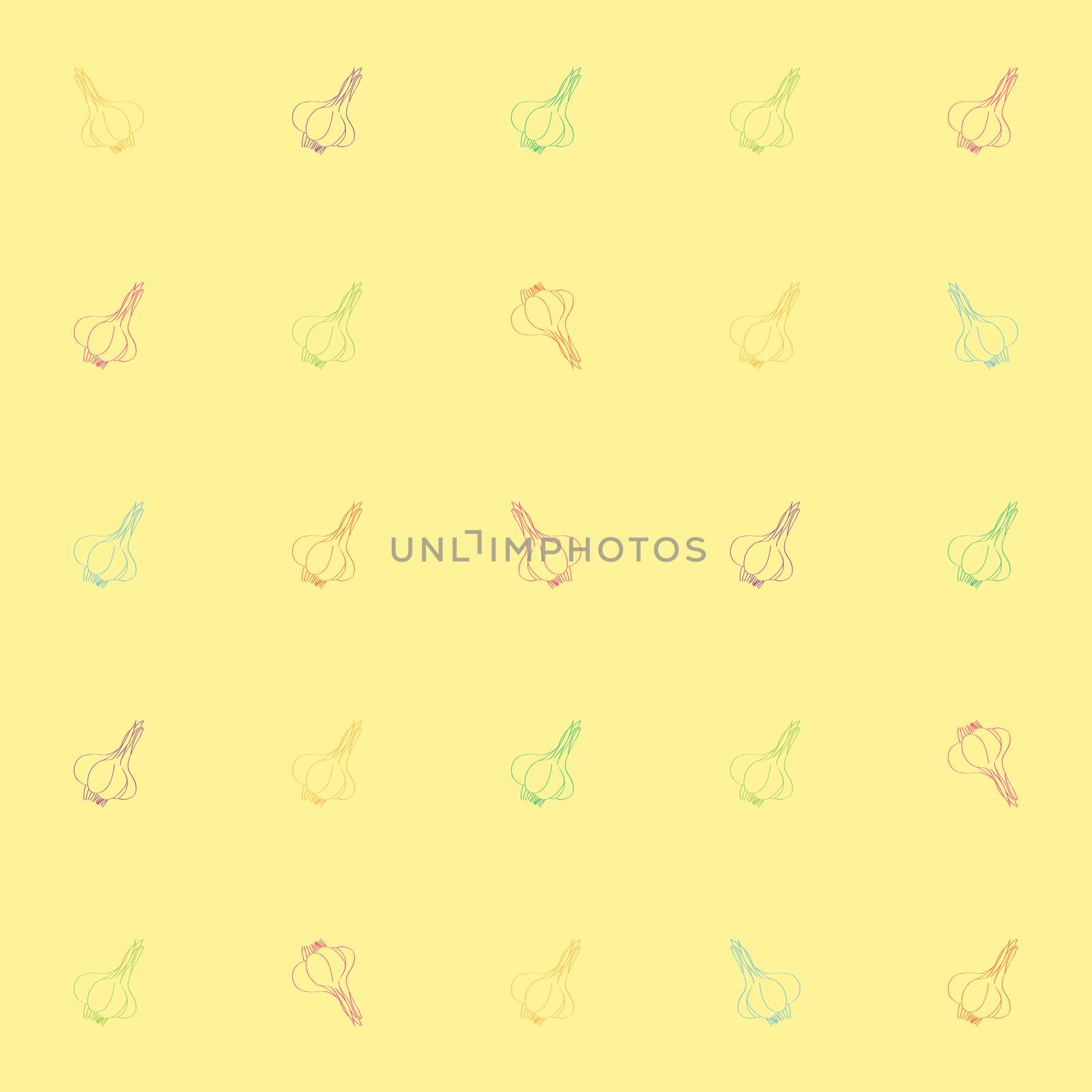 Seamless pattern with garlic, doodle illustration of multicolored cloves over a yellow background