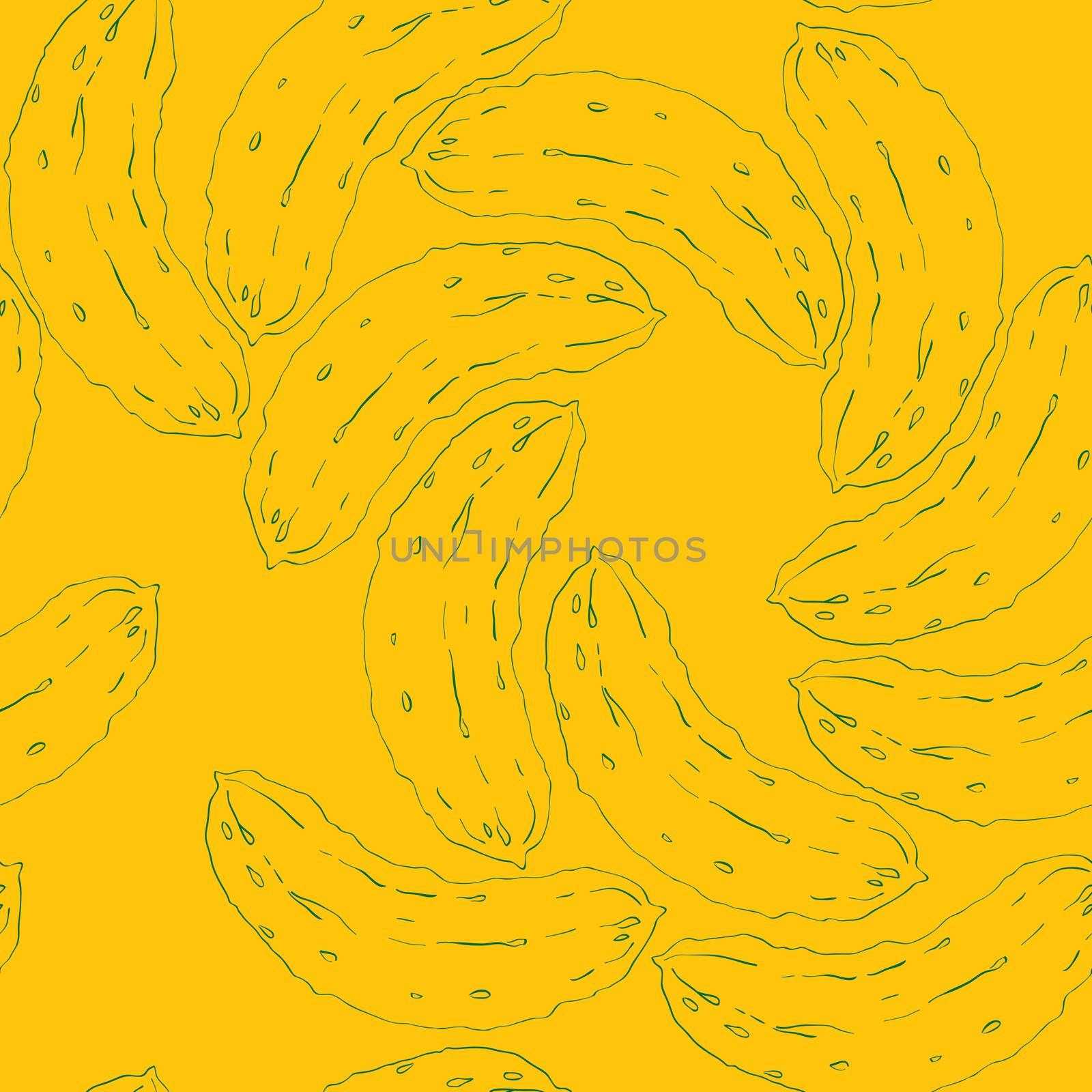 Seamless pattern with cucumbers in a spiral composition, doodle illustration over a dark yellow background