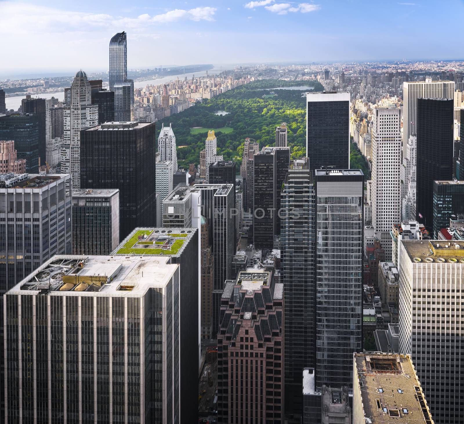 New York City skyline with urban skyscrapers at sunset, USA.