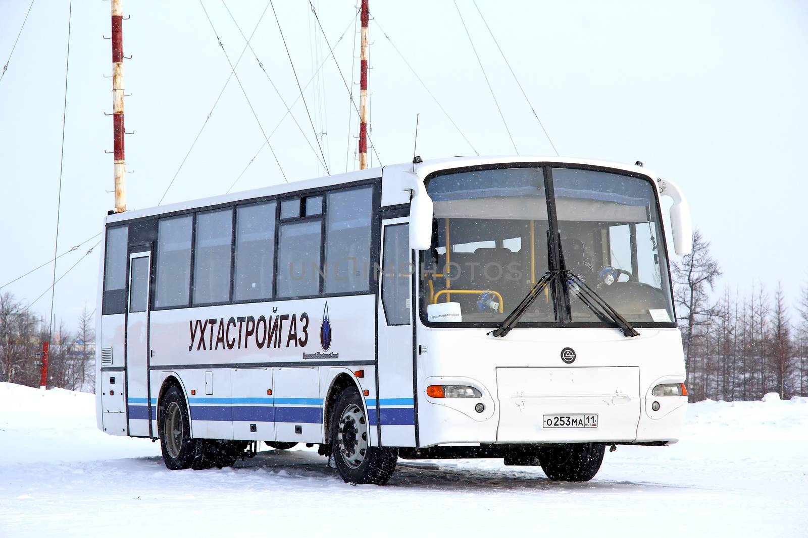 NOVYY URENGOY, RUSSIA - FEBRUARY 16, 2013: White KAVZ 4238 Avrora interurban coach at the city street.