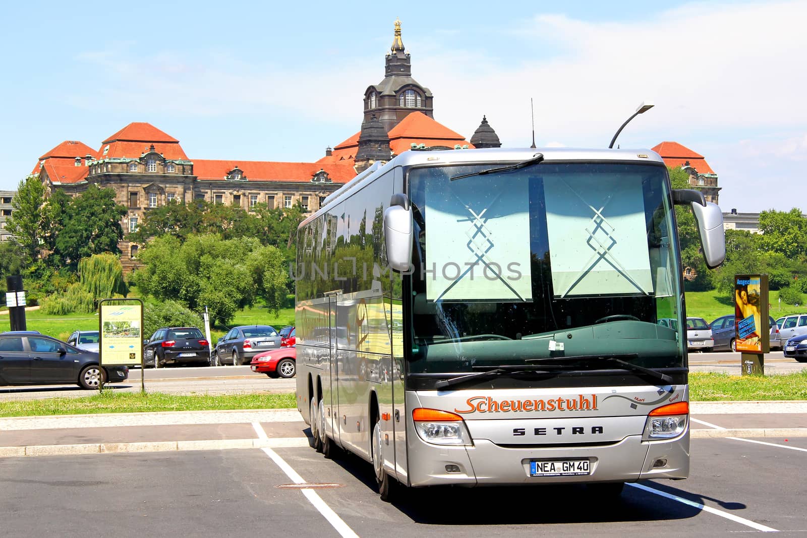 DRESDEN, GERMANY - JULY 20, 2014: Grey touristic coach Setra S416GT-HD at the city street.
