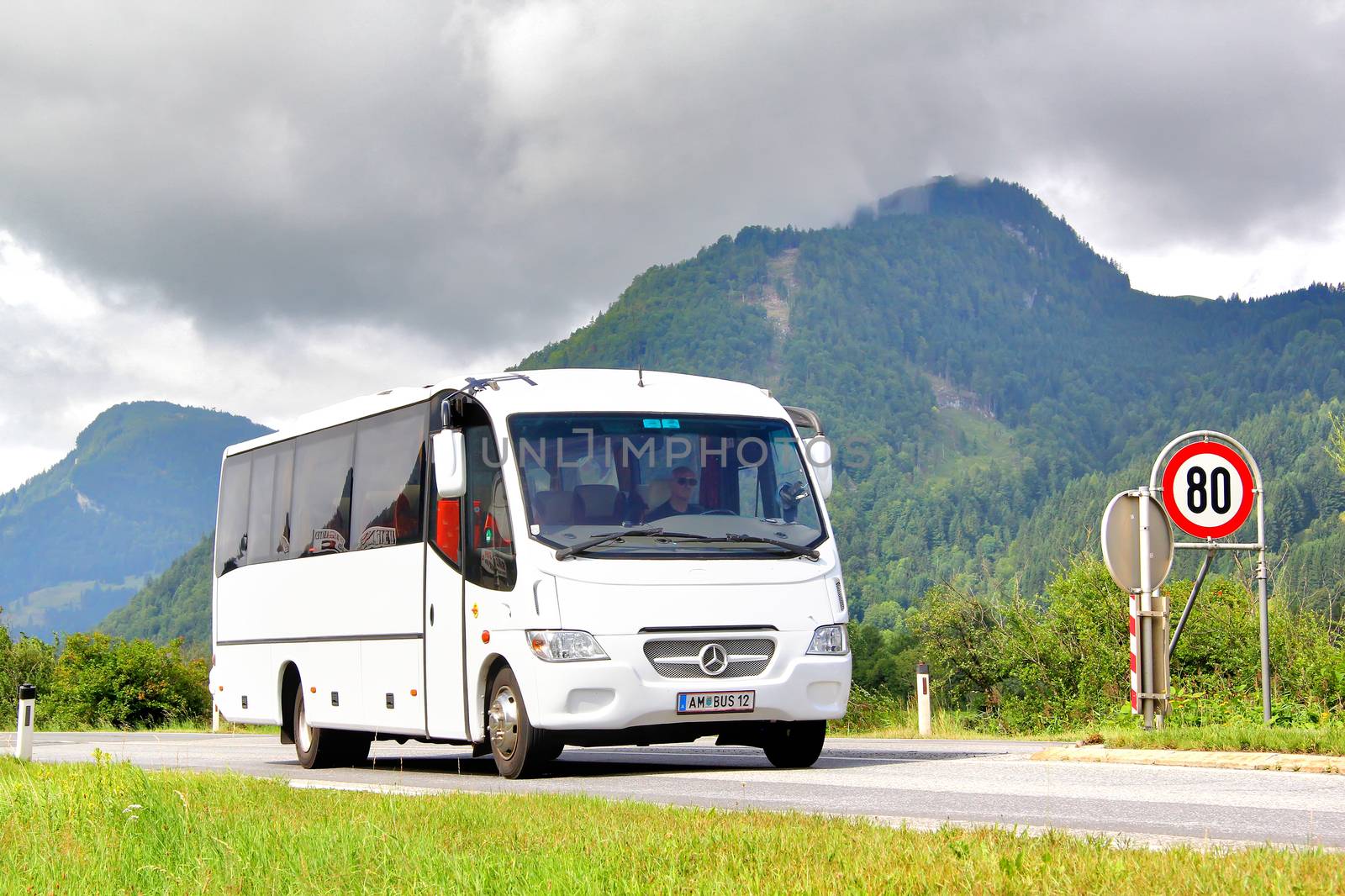 TYROL, AUSTRIA - JULY 29, 2014: Italian small coach Sitcar Beluga 2 at the Grossglockner High Alpine Road.