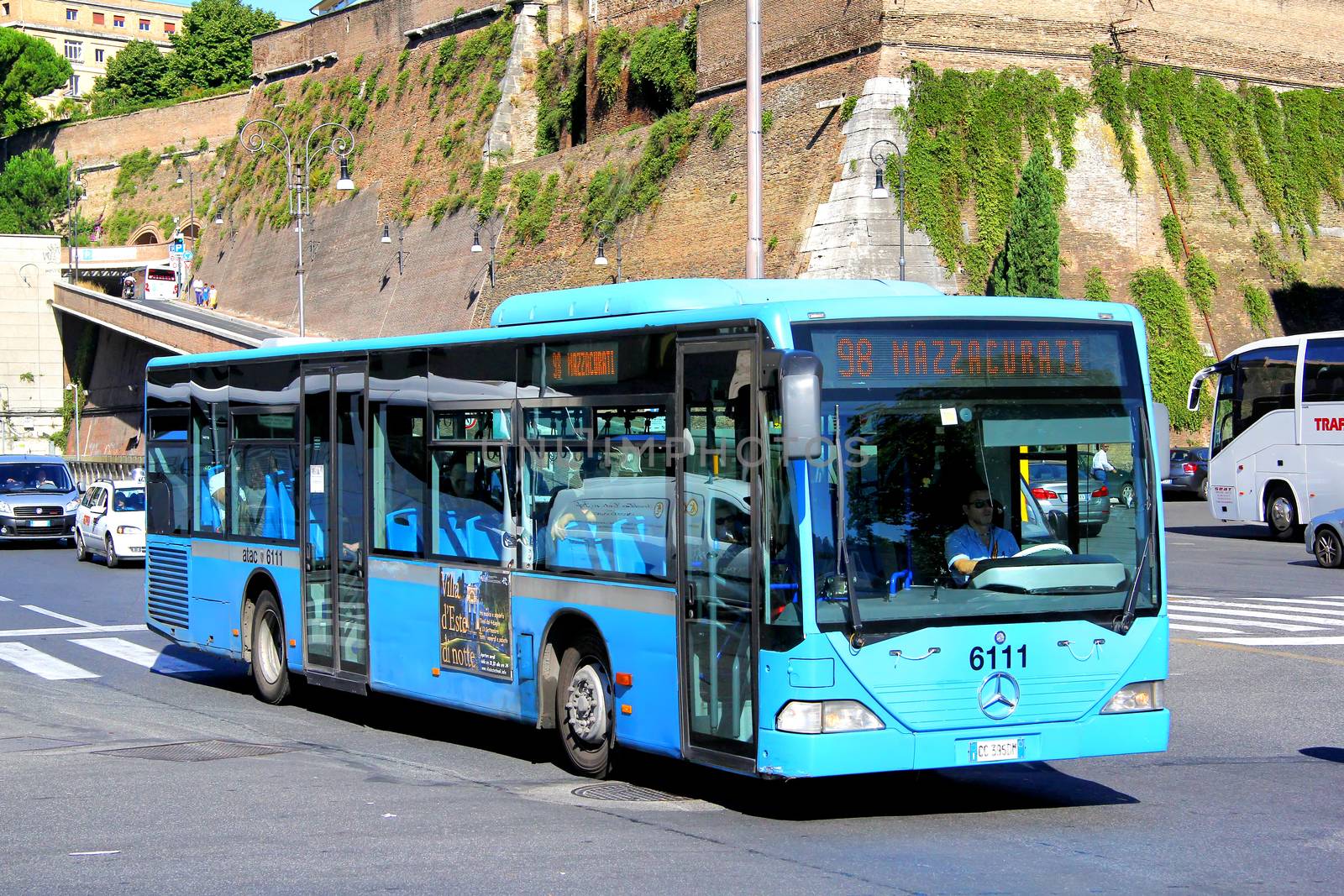 ROME, ITALY - AUGUST 1, 2014: Blue city bus Mercedes-Benz O530 Citaro UE at the city street.