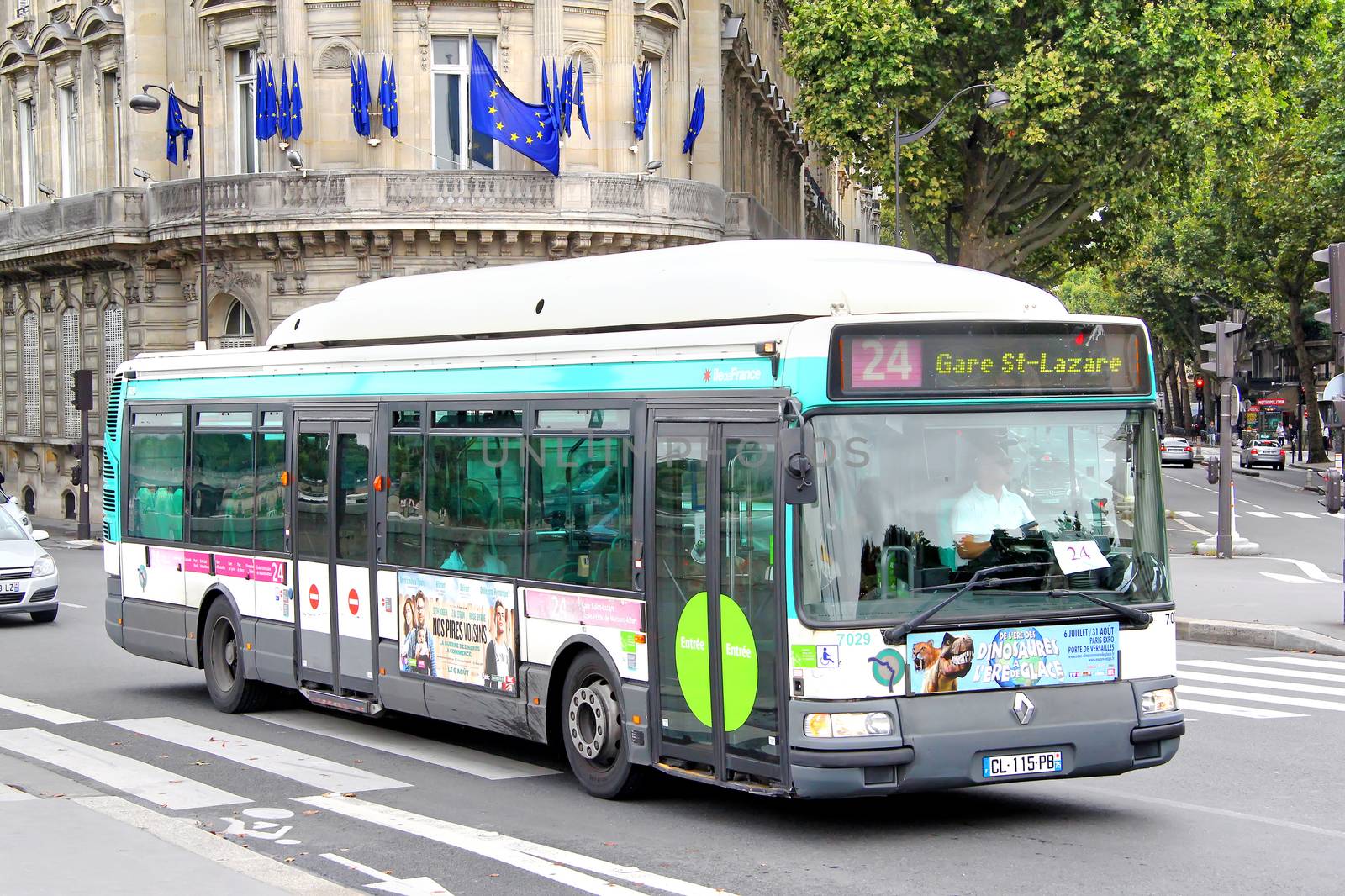 PARIS, FRANCE - AUGUST 8, 2014: City bus Renault Agora S GNV at the city street.