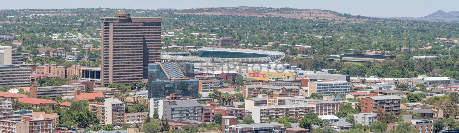 BLOEMFONTEIN, SOUTH AFRICA, JANUARY 6, 2016: A Panorama of part of the western Central Business District and Park-West in Bloemfontein, as seen from Naval Hill