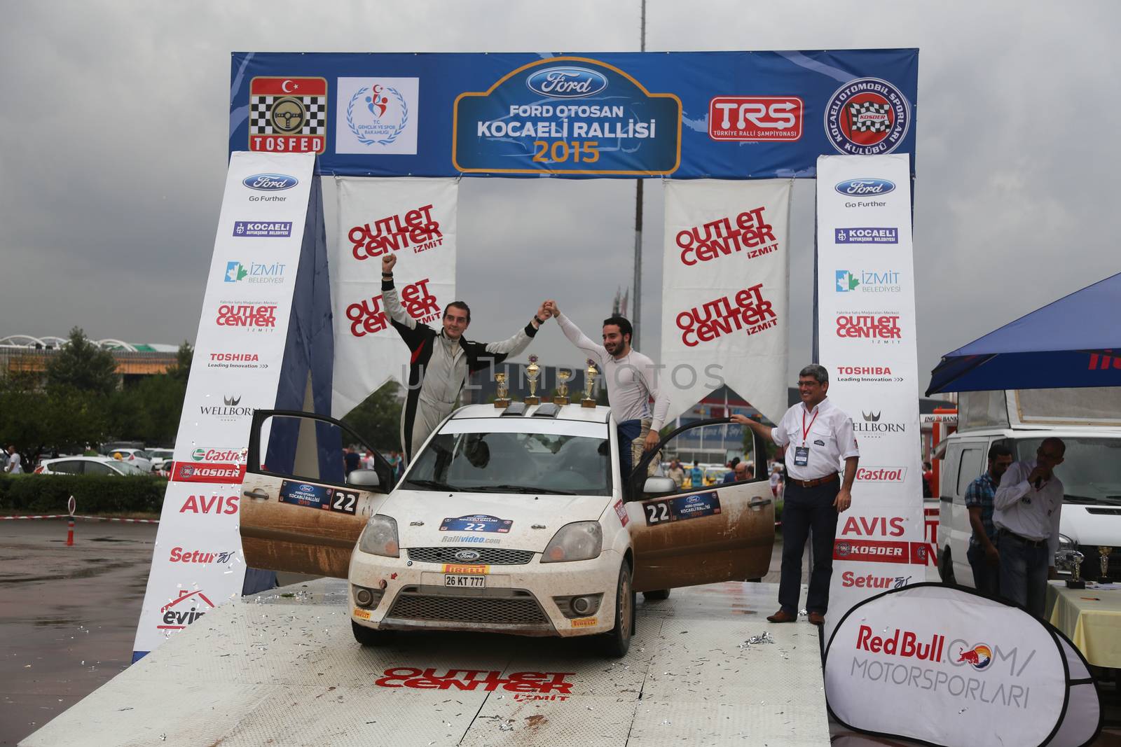 KOCAELI, TURKEY - AUGUST 23, 2015: Can Altinok with Ford Fiesta ST in Podium Ceremony of Kocaeli Rally 2015