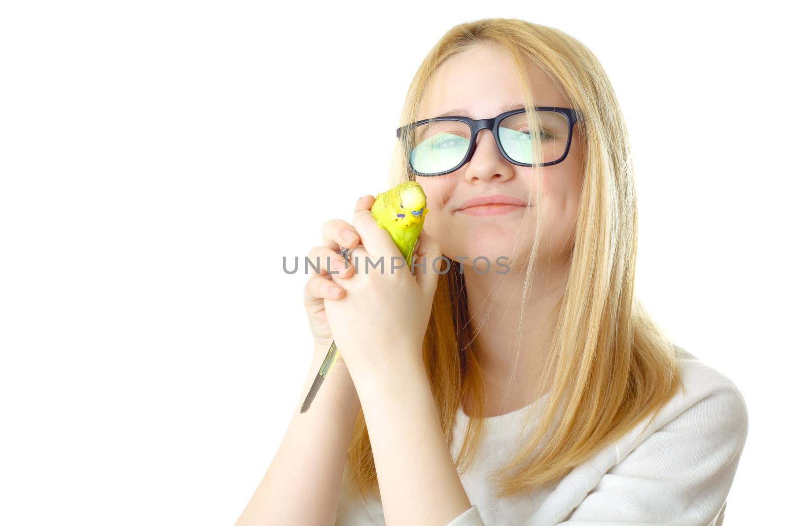 A girl with glasses and a parrot