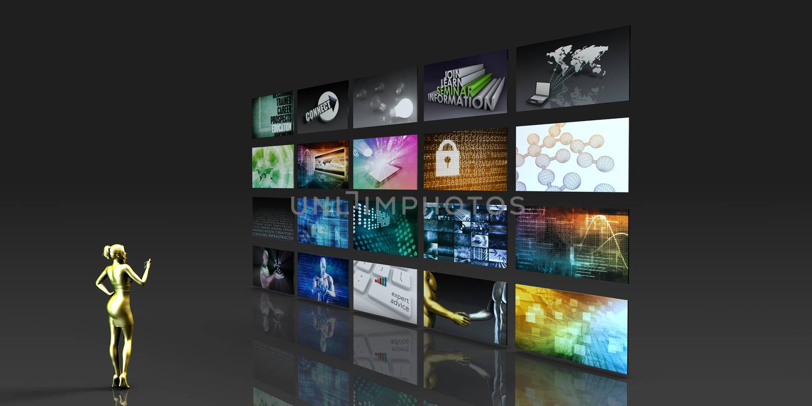 Multimedia Technology with Woman Staring at Screens