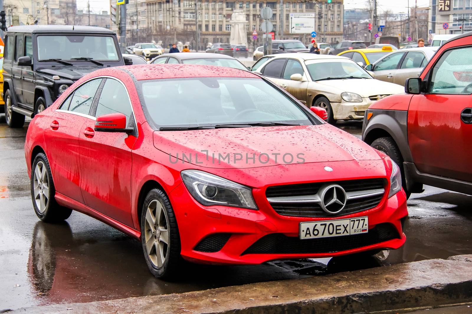 MOSCOW, RUSSIA - MARCH 8, 2015: Motor car Mercedes-Benz C117 CLA-class at the city street.