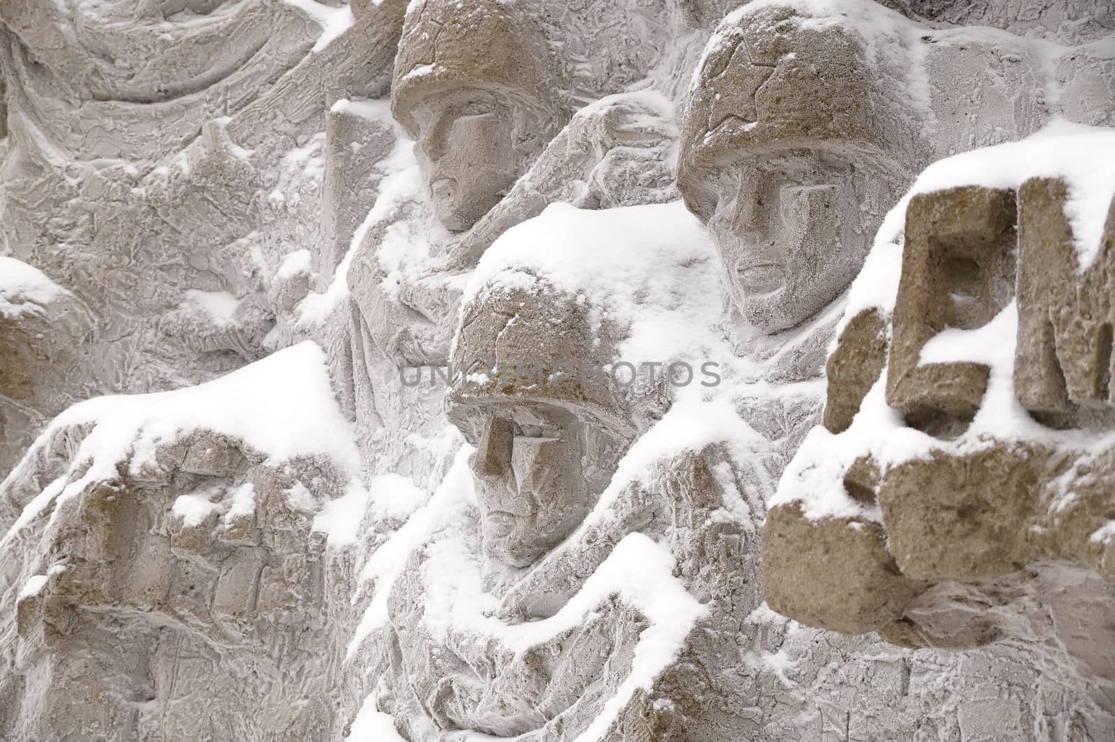 Defenders of Stalingrad, a fragment of a bas-relief of "Wall ruins" on Mamayev Kurgan in the winter