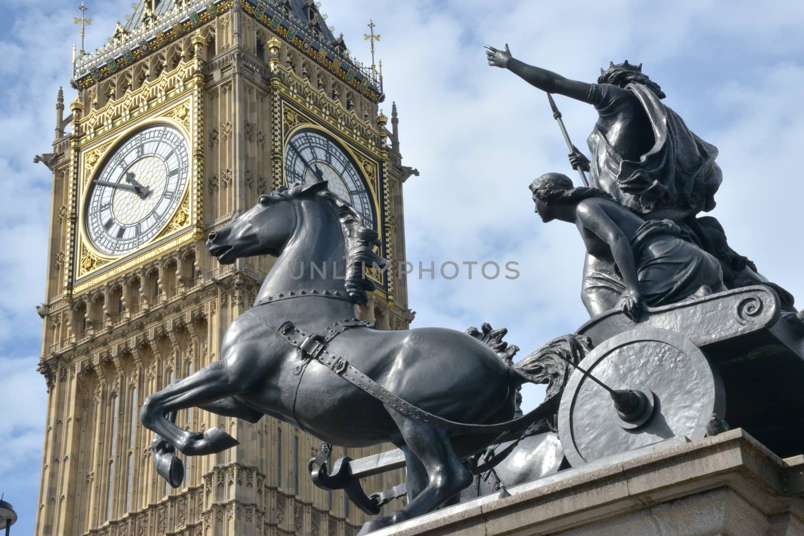 London Big Ben and Boudica in chariot statue