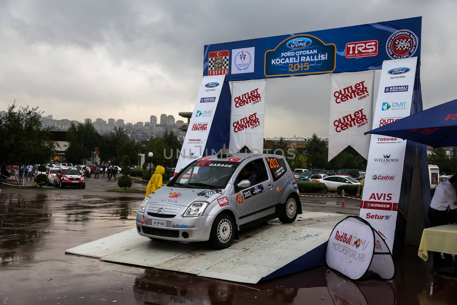 KOCAELI, TURKEY - AUGUST 23, 2015: Kenan Kar with Citroen C2 GT in Podium Ceremony of Kocaeli Rally 2015