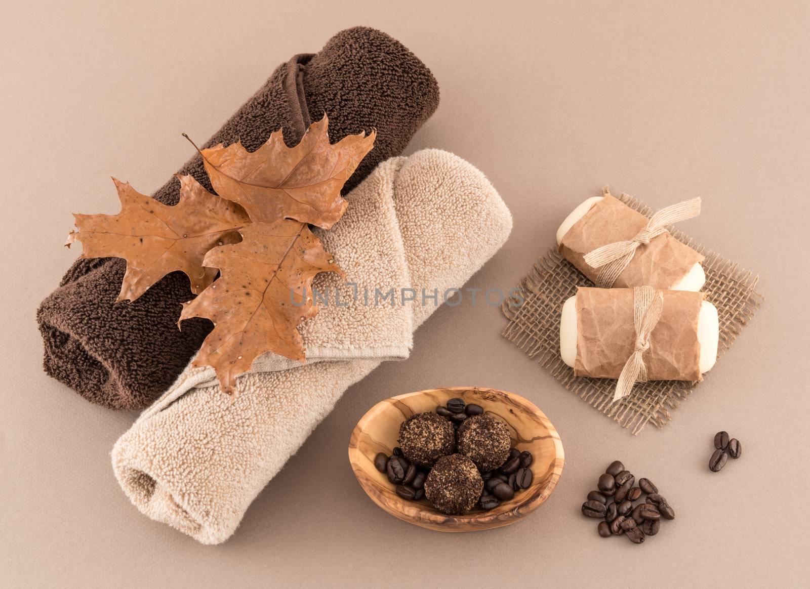 Autumn Spa with Coffee Bath Bombs, Soap, and Luxury Towels by krisblackphotography