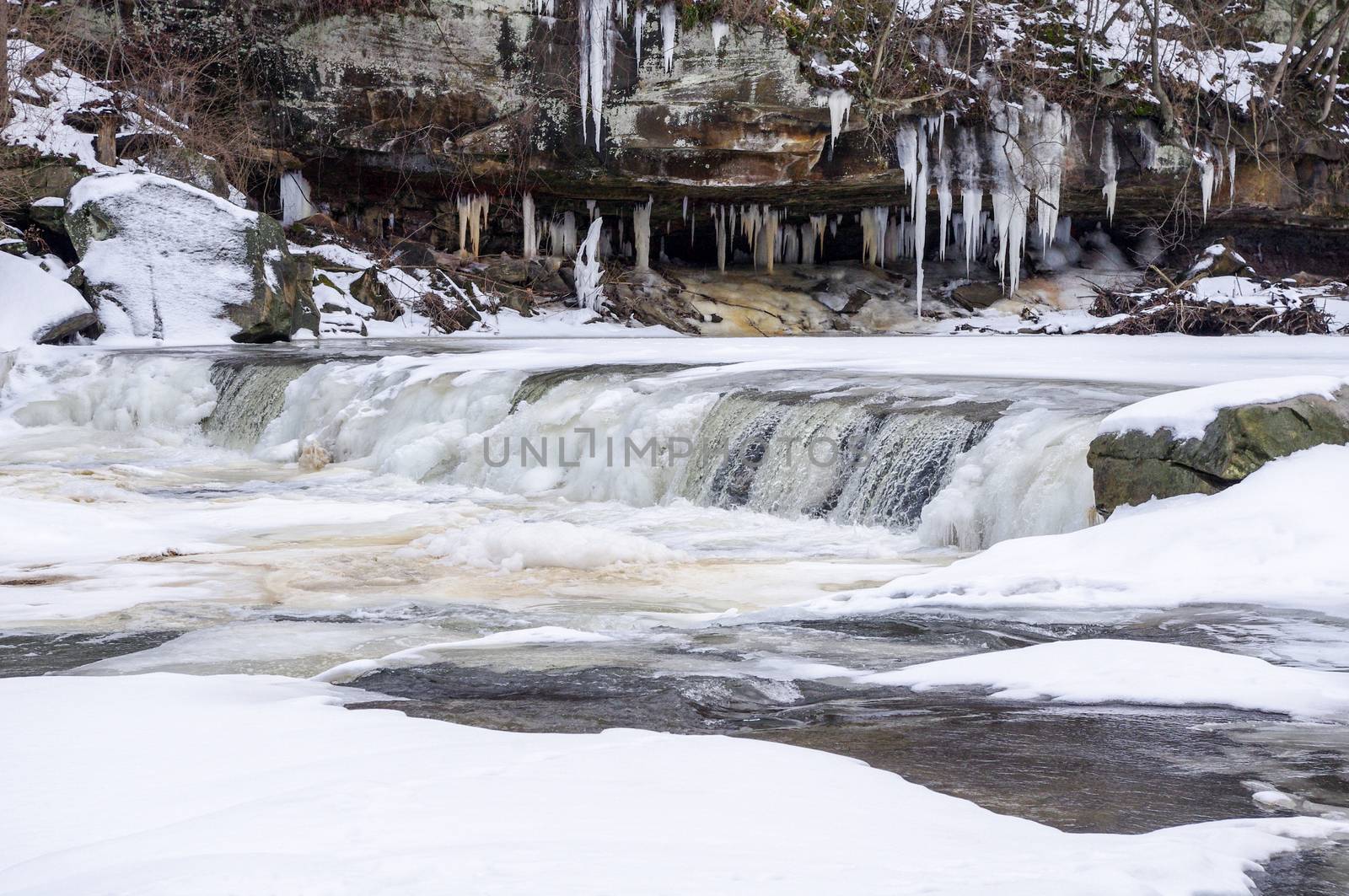 Icy Waterfall in snowy, wintry landscape