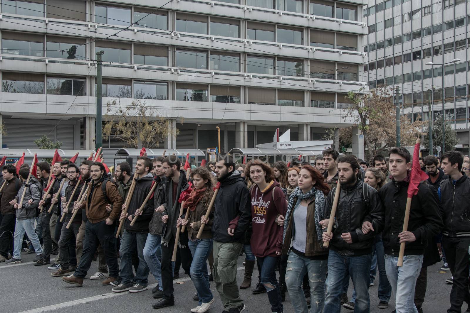 GREECE, Athens: Thousands take to the streets of Greece's capital city to fight against planned cuts in future benefits and increased social security contribution on January 16, 2016.  Saturday's protests in Omonia Square involves civil servants who are members of ADEDY. The unions said they are against plans for employees's social security contributions to be increased by 0.5 percent. 