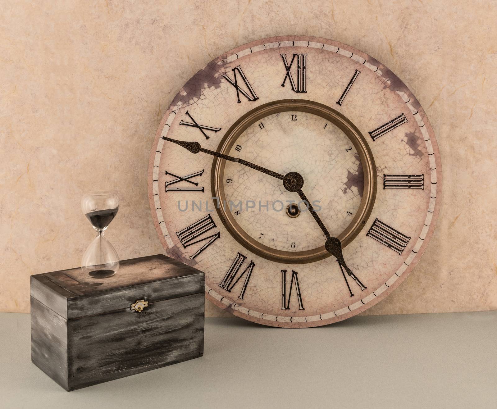 Wall Clock, Hourglass, and Old Box by krisblackphotography