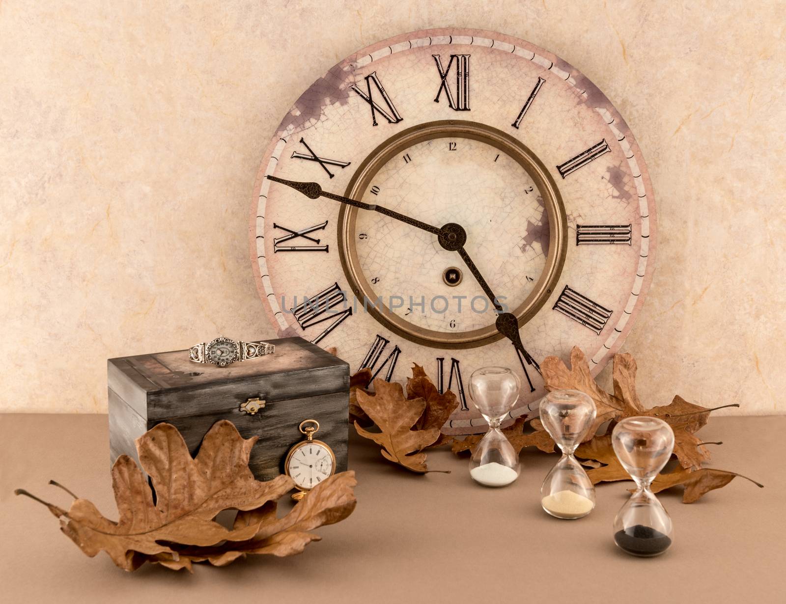 "Time" theme with wall clock, hourglasses, wristwatch, pocket watch, and Autumn leaves