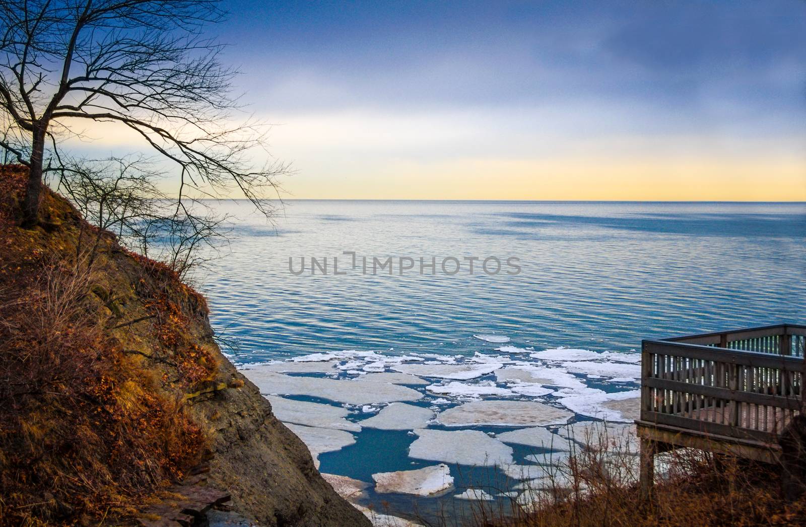 Wintry Lake Erie Overlook with ice floes early morning