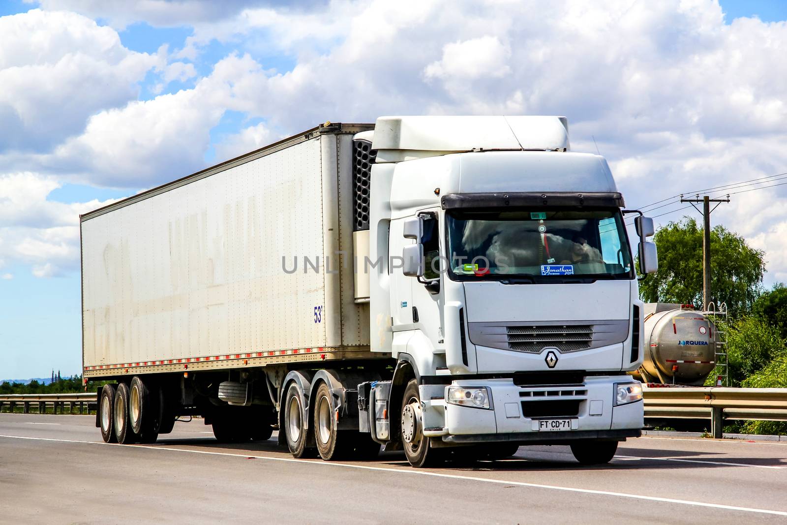 BIO-BIO, CHILE - NOVEMBER 23, 2015: Semi-trailer truck Renault Premium at the interurban freeway.